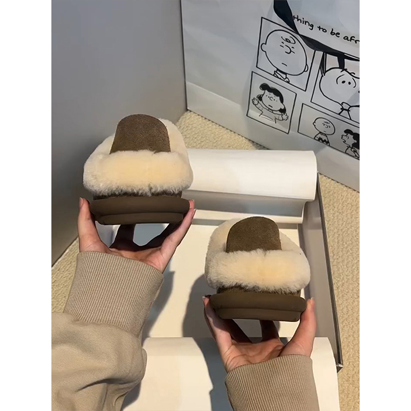 牛皮版~外穿全包踩跟真皮勃肯鞋女软底皮毛一体一脚蹬面包毛毛鞋