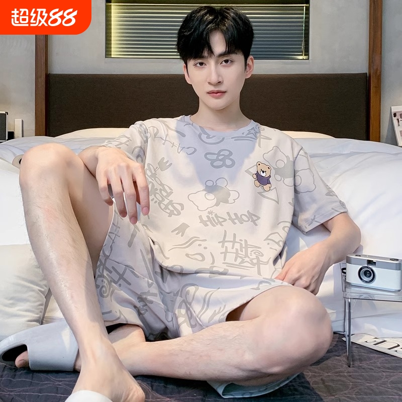 睡衣男夏季纯棉薄款短袖短裤套装