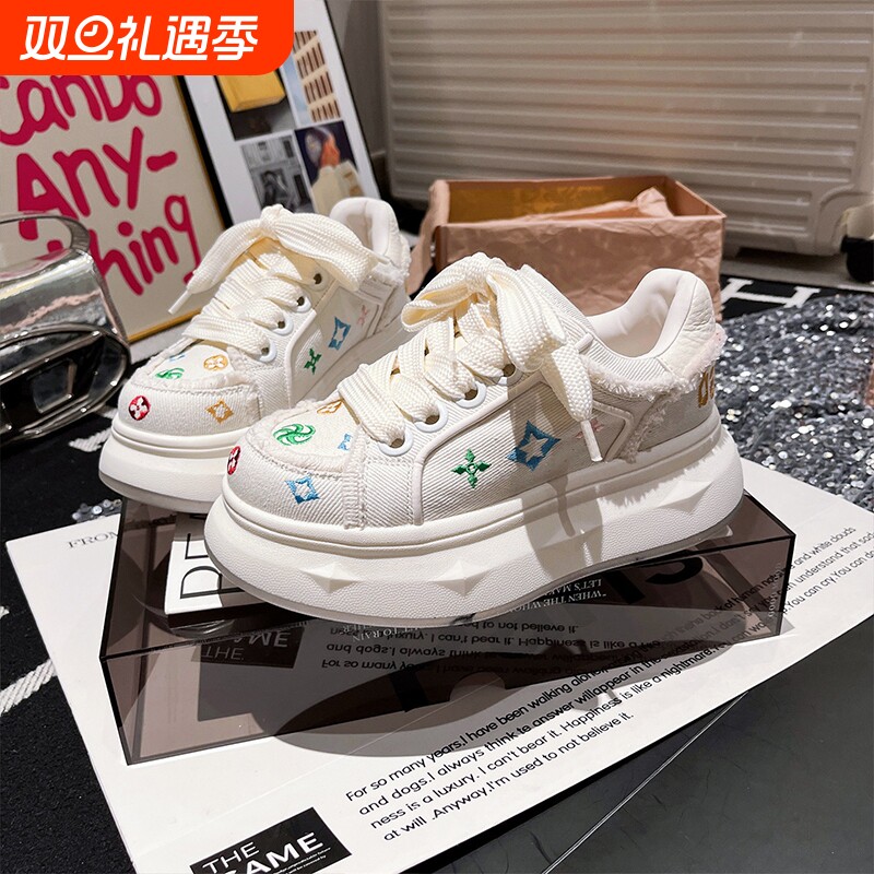 欧货刺绣帆布鞋厚底松糕休闲鞋板鞋面包鞋增高小个子6cm小白鞋女