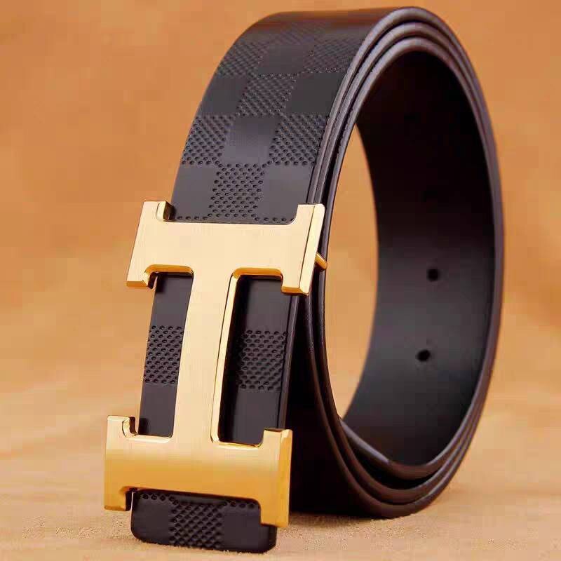 爱马男仕头层牛皮腰带男真皮纯铜平滑扣打孔内穿字母格纹商务休闲