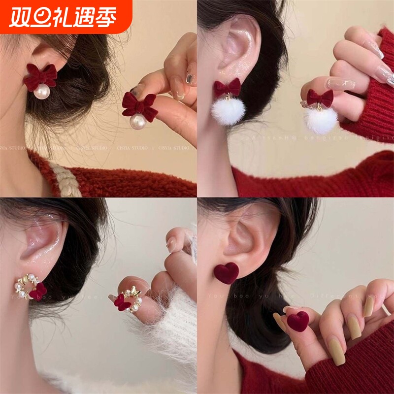 圣诞新年红色蝴蝶结珍珠耳环女耳夹小众高级感新款轻奢耳钉秋冬款