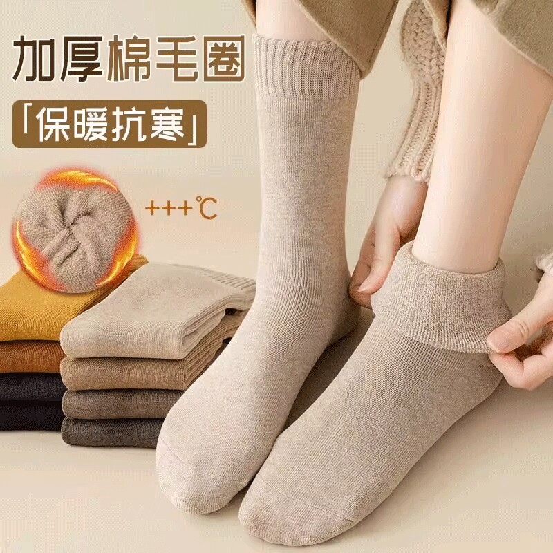 厚白色袜子男士中筒袜秋冬季加厚保暖毛圈袜新款爆款毛巾底长袜女
