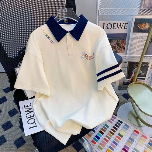 童装女童短袖POLO领夏装儿童撞色翻领半袖薄款卡通中大童T恤短袖
