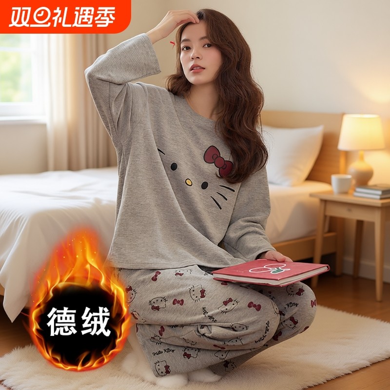 双面德绒睡衣女秋冬季自发热保暖长袖冬天甜美家居服套装可外穿