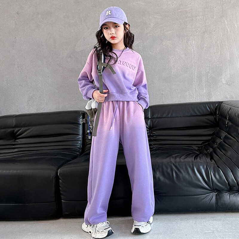 女童套装春秋洋气2025渐变色新款紫色儿童春装卫衣休闲运动两件套