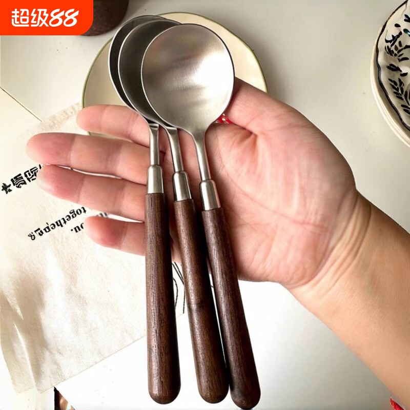 胡桃木纹木柄勺西餐勺不锈钢圆勺汤勺吃饭勺汤勺汤更大勺子大勺子