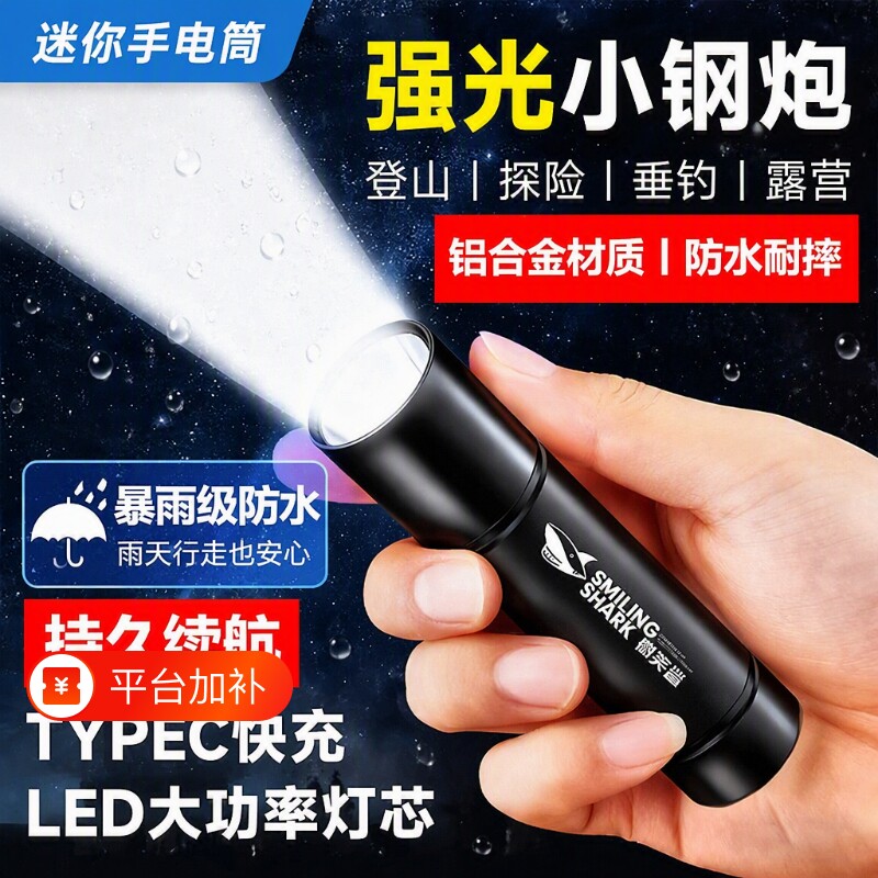 微笑鲨迷你手电筒小型强光充电小便携户外家用学生灯防水照明应急
