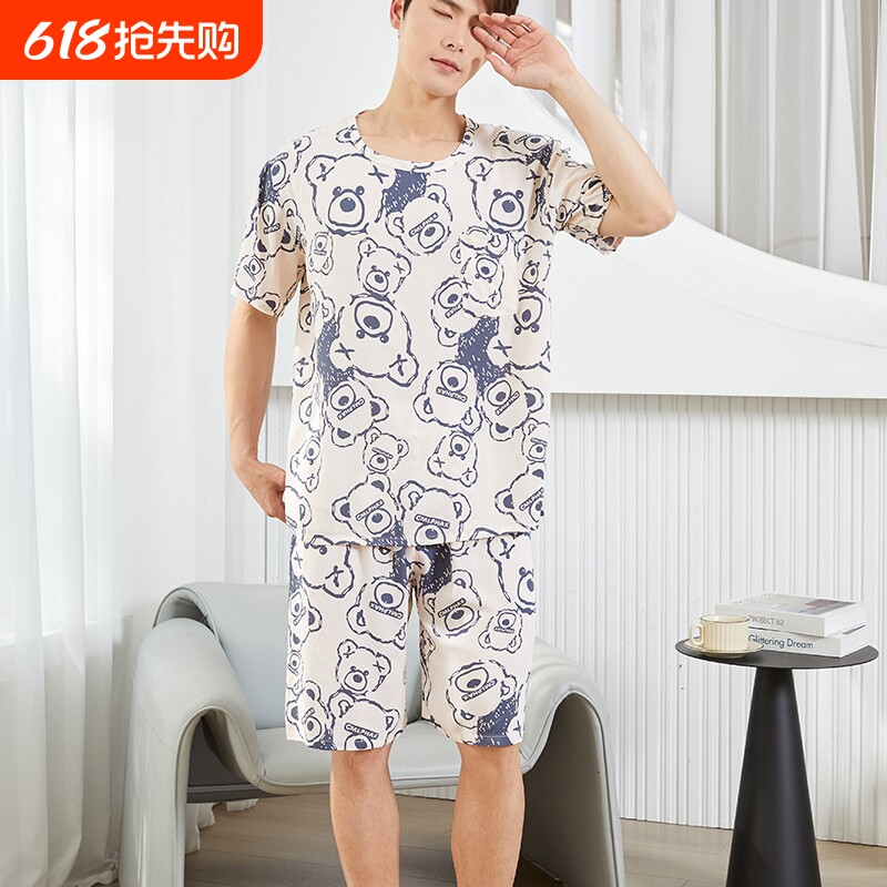 2026新款夏季棉绸薄款满印短袖男士家居服潮流卡通短袖套装可外穿