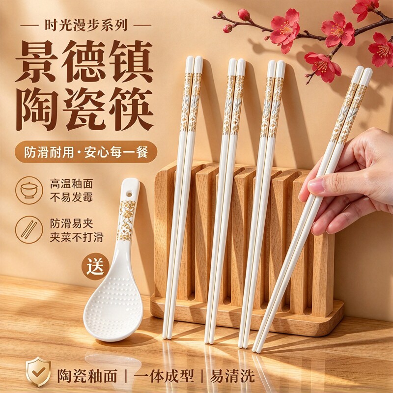 陶瓷筷子景德镇正品家用一级优质高端高档豪华瓷筷抗菌防霉新款