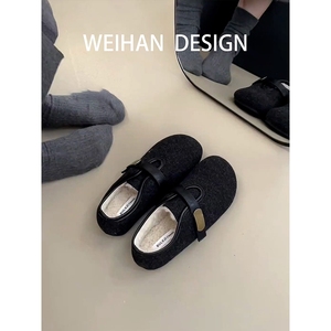 复古加绒毛毛鞋女外穿保暖玛丽珍鞋2025秋冬新款平底魔术贴棉单鞋