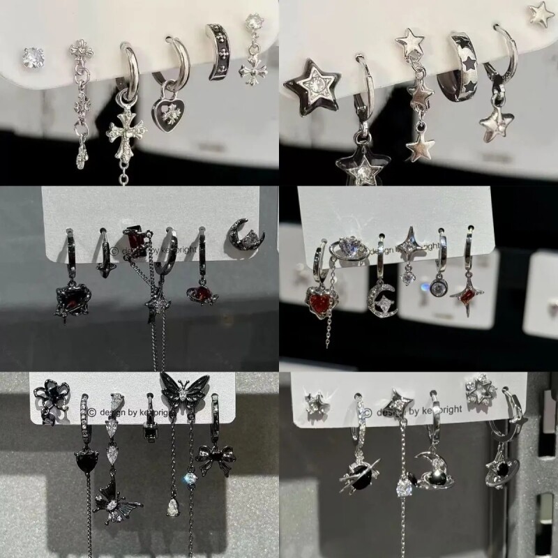 超酷grl ! 爱心锆石六件套耳钉甜酷耳圈小众设计件套耳扣耳饰