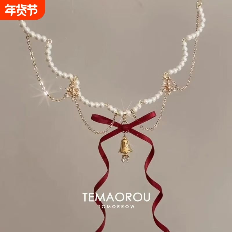 圣诞~多层红色蝴蝶结金摇铃吊坠珍珠项链秋冬新款毛衣链颈链铃铛