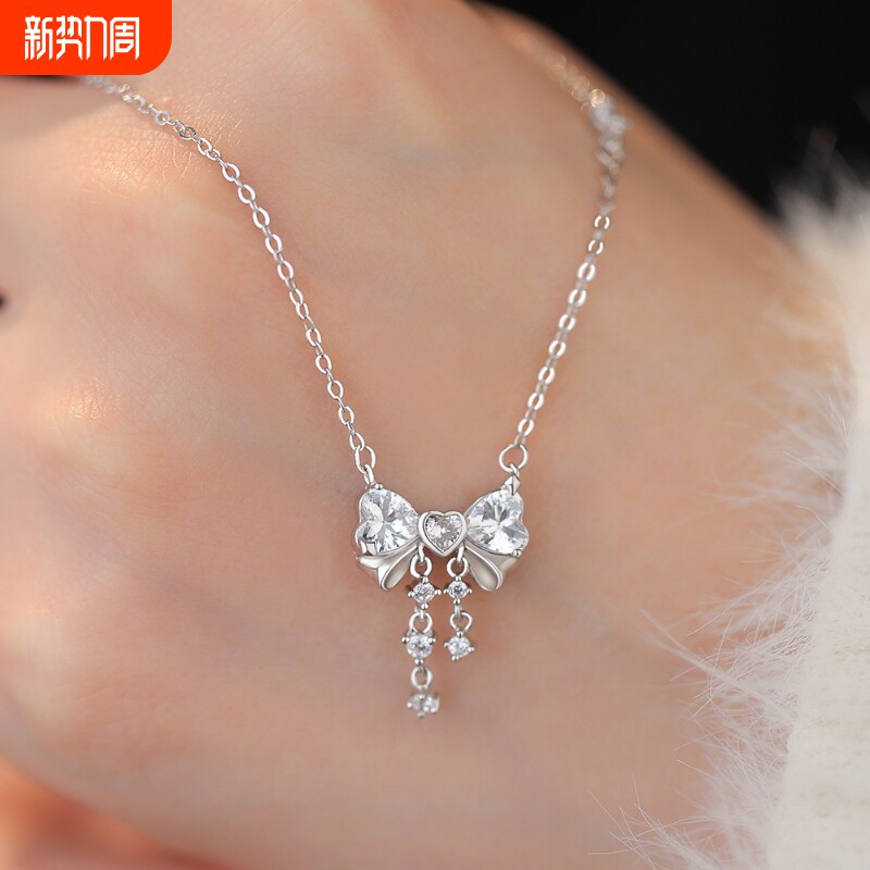 S999纯银甜美蝴蝶结流苏项链少女心吊坠气质精美锁骨链送女友礼物