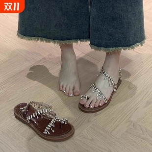 轻便一字带旅游海边夹趾罗马鞋 波西米亚金色水钻仙女风凉鞋 夏新款
