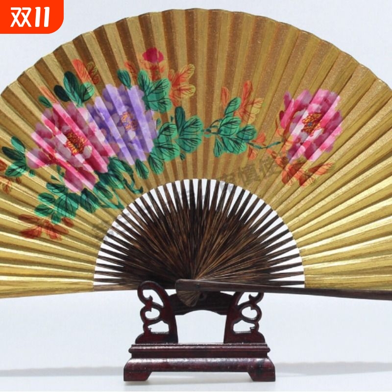 全棕扇工艺绍兴传统全棕黄金刷金泥金折扇子 戏曲专用刷金扇子