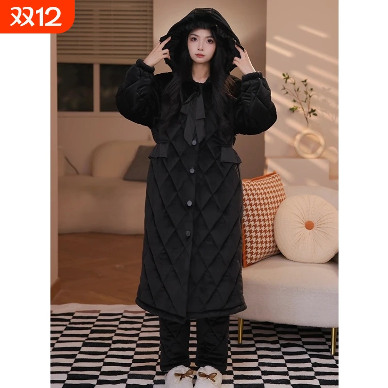 珊瑚绒夹棉睡袍女冬季加厚家居服