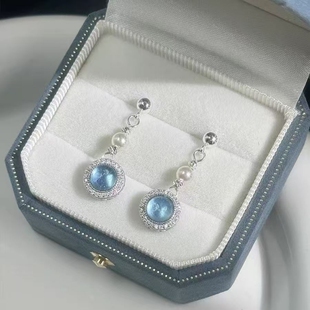 「岚山之风」蓝色海蓝宝耳夹女无耳洞耳环轻奢简约法式高级感耳饰