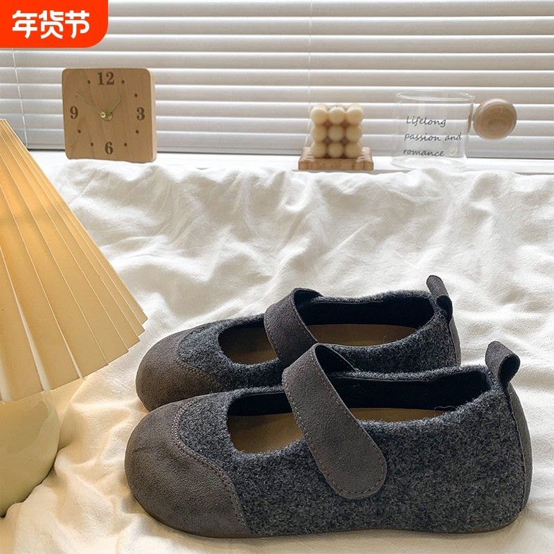 内增高厚底魔术贴毛呢玛丽珍单鞋女2025秋季新款灰色勃肯芭蕾舞鞋
