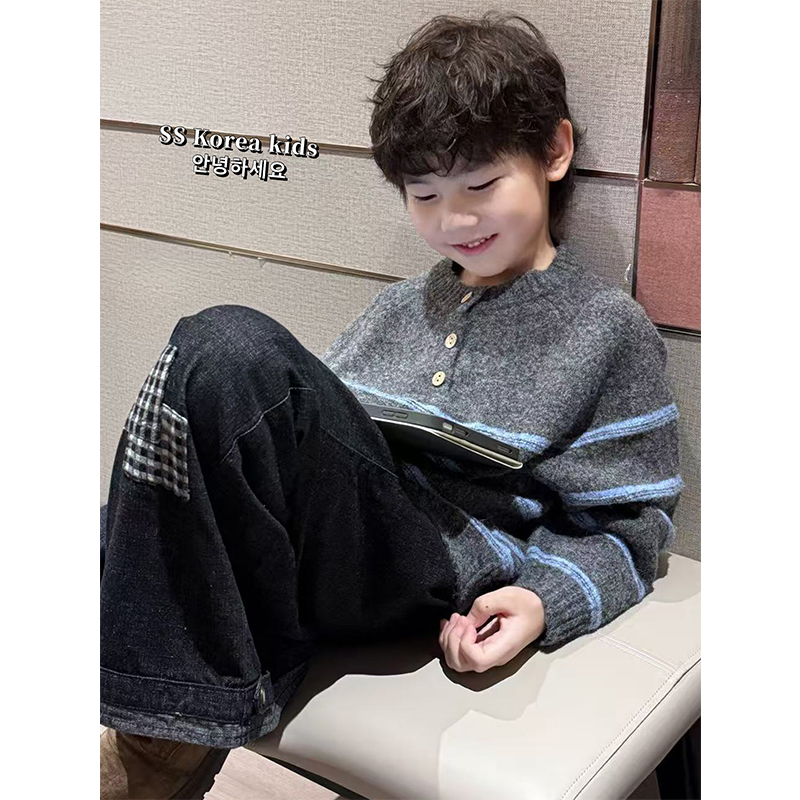 男童毛衣针织衫2025秋冬新款中大童韩版帅气条纹打底衫上衣潮灰色