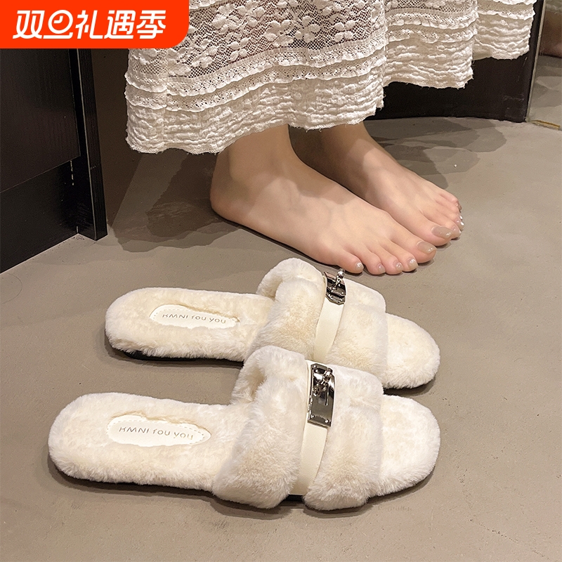 同款毛毛拖鞋女外穿秋冬季平底棉拖鞋潮毛绒时尚百搭黑色粉色防滑