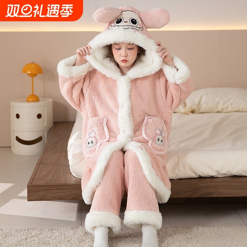 女童睡衣秋冬季法兰绒睡袍家居服