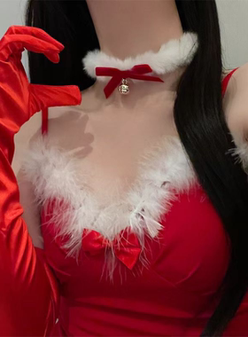 秋冬毛绒项圈choker项链锁骨链新年红色蝴蝶结铃铛项链颈链配饰