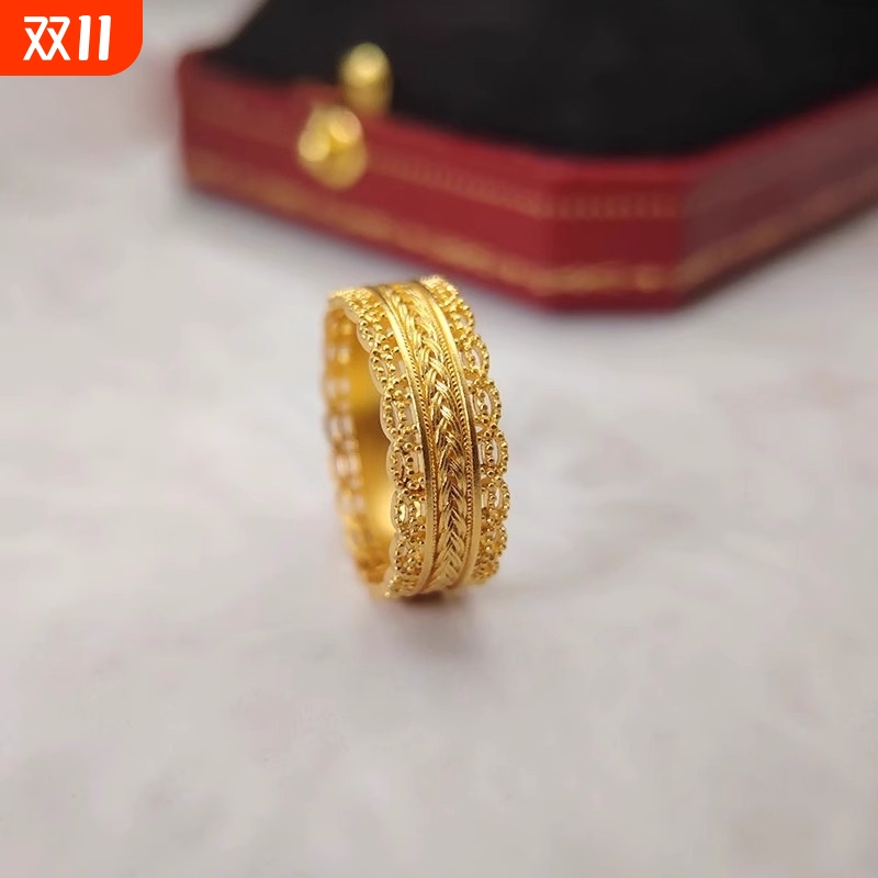 金店同款古法镂空钱币戒指女款腰缠万贯黄金色暴富食指戒男士指环