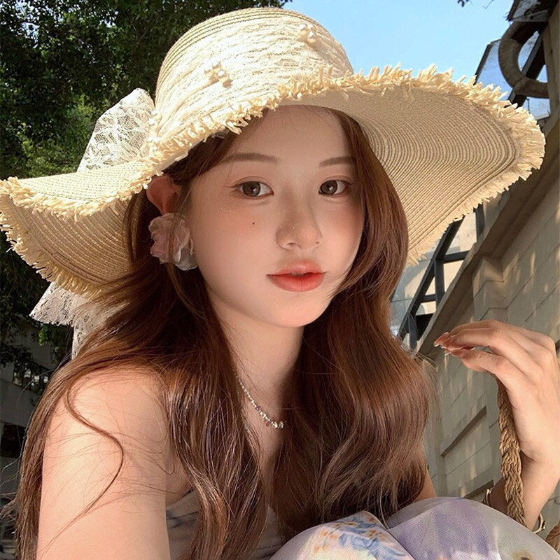 蕾丝蝴蝶结大帽檐遮阳草帽女夏季2026防晒帽海边度假沙滩帽子旅游