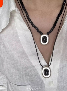 新中式经典黑色串珠银色几何吊坠项链生生不息锁骨链百搭长款钛钢