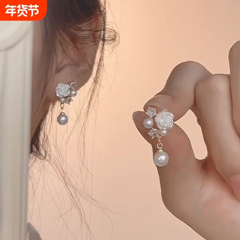 耳夹珍珠无耳洞山茶花纯银耳钉白色新款高级复古花朵法式气质耳环