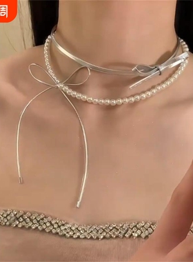 银色皮绳甜酷风项链蝴蝶结珍珠