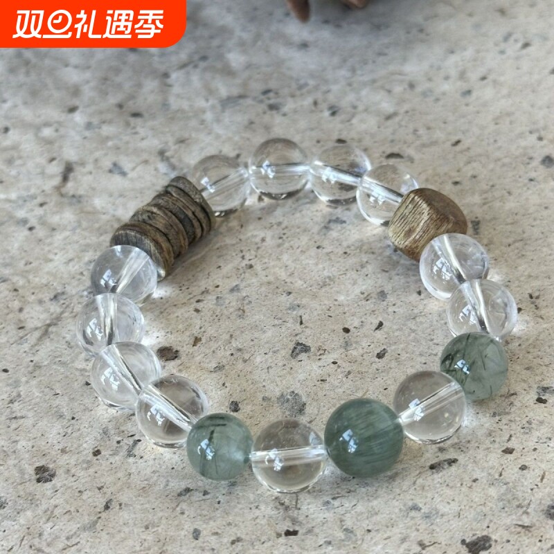 绿发晶白水晶沉香木质手串 文艺清冷风送礼佳品