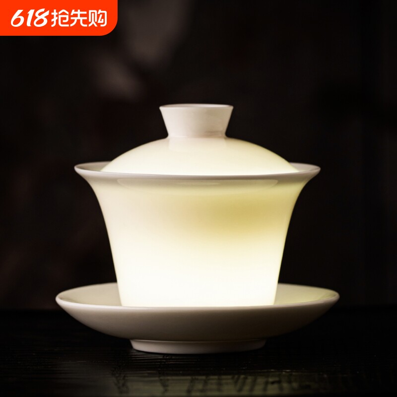 唐丰羊脂玉白瓷三才盖碗茶杯家用功夫泡茶碗高档礼盒装马蹄玉瓷
