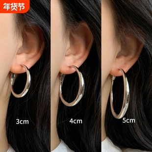 韩版银色大圆圈素圈耳环女新款夸张高级感耳钉圈圈耳饰粗圈耳圈