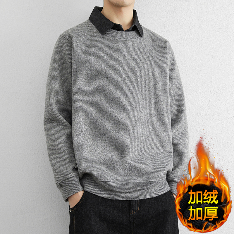 秋冬季加绒加厚毛衣衬衫领假两件男内搭保暖打底衫潮牌帅气上衣