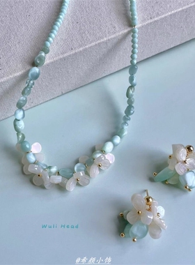 [ 无厘头 ] 薄荷曼波 清新薄荷绿海绿纹石原创小花度假风耳钉项链