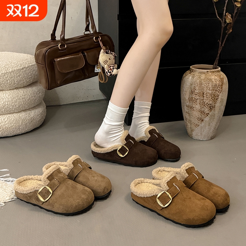 加绒勃肯鞋毛毛鞋女外穿2025新款秋冬季一脚蹬包头半拖鞋博肯棉鞋