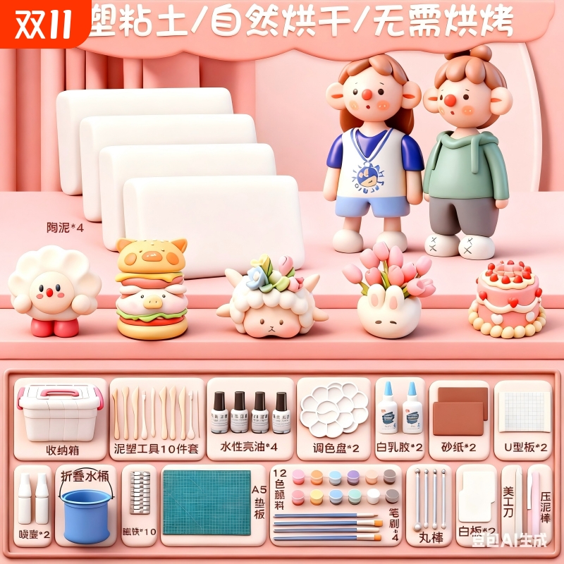 免烤石塑粘土diy手工材料包儿童石膏黏土泥塑小学生手工可塑白泥免烧软陶土工具套装手办冰箱贴陶泥陶艺亮油