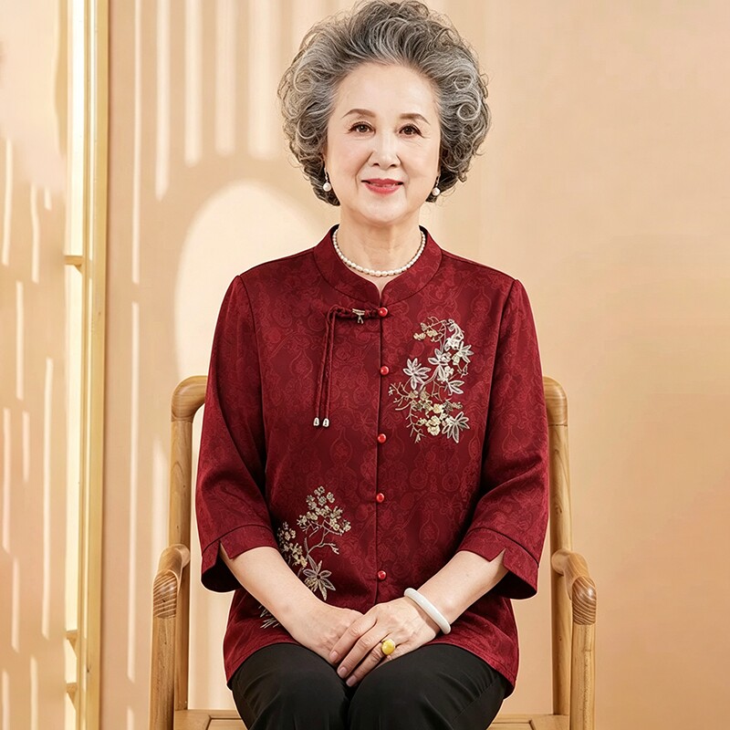 奶奶夏装国风衬衫2026新款老年人女妈妈红色婚宴礼衣服老太太套装