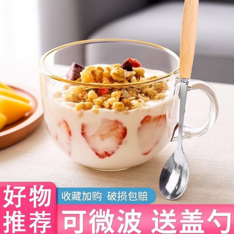 酸奶碗大容量玻璃杯燕麦片早餐杯子女牛奶杯带盖勺碗杯带把咖啡杯