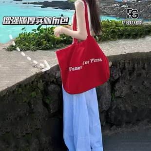 2025新款 韩系红色帆布包包学生通勤百搭大容量单肩包女手提耐用