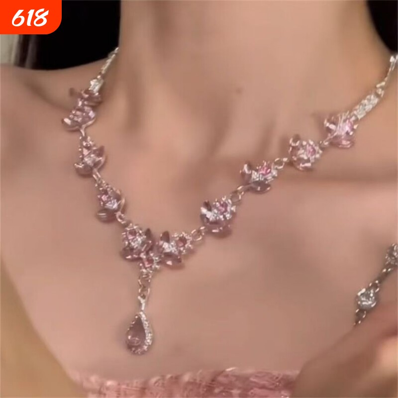 zoozmomo超闪粉色水滴锆石花朵项链女轻奢晚礼服锁骨链套装耳环潮