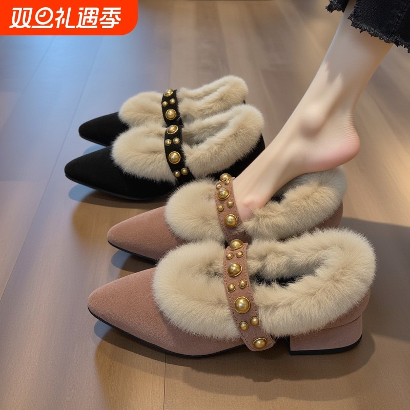 兔毛绒毛毛高跟鞋女秋冬
