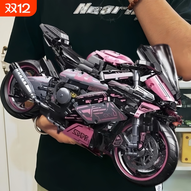 粉色宝马M1000RR机车积木兼容乐高拼装摆件机械跑车玩具男孩礼物