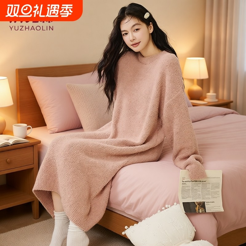 俞兆林长袖睡裙女款秋冬半边绒保暖长款睡衣加厚慵懒感家居服