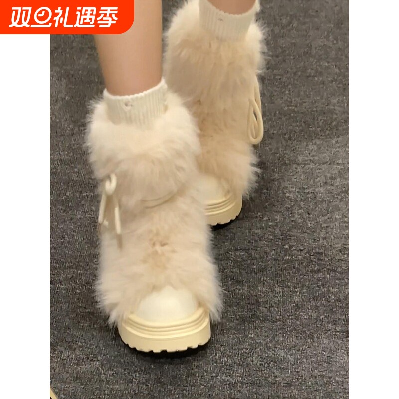 白色厚底雪地靴女2025新款真皮加绒加厚毛毛棉鞋冬季增高显瘦短靴