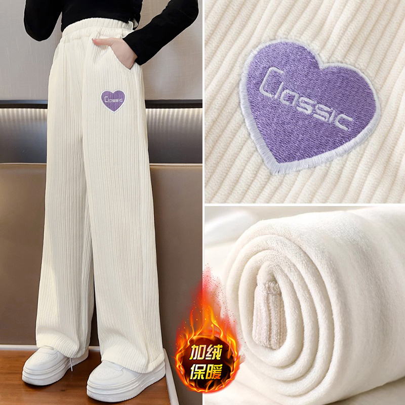女童裤子加绒秋冬2025新款儿童女孩大童冬季加厚雪尼尔直筒阔腿裤