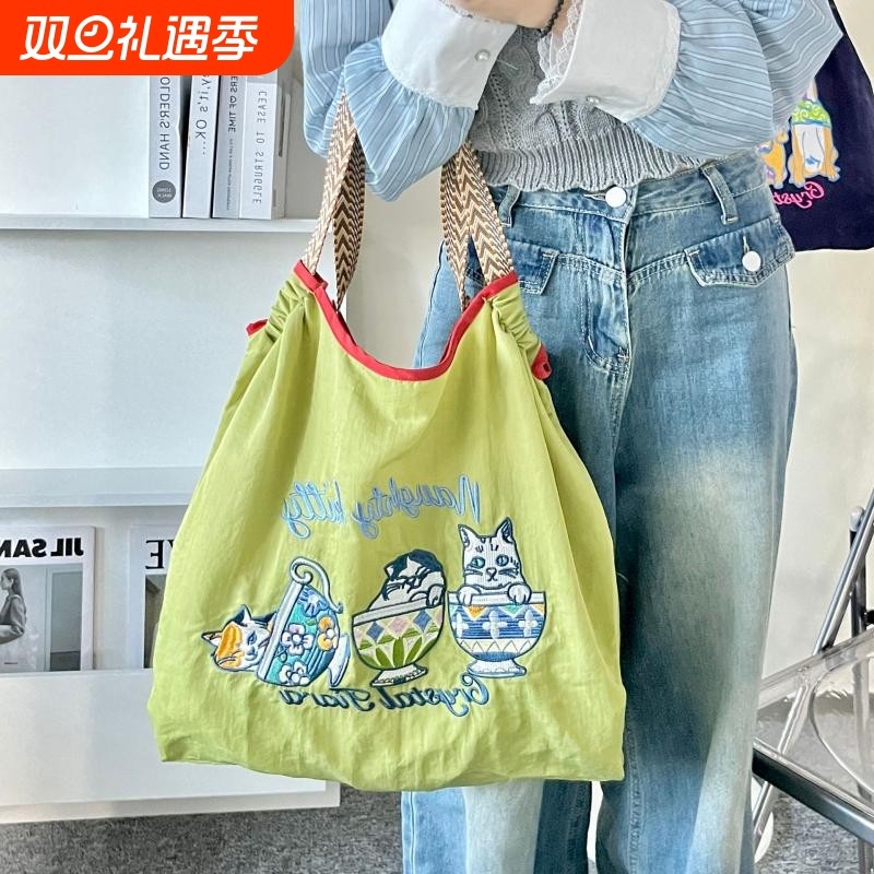 猫咪柴犬刺绣环保布袋女大容量新款尼龙手提包学生百搭单肩包高级