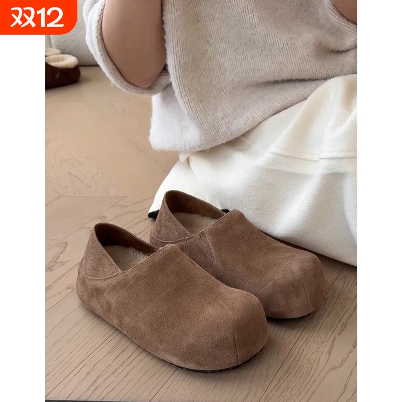 厚底内增高复古全包加绒勃肯鞋女2025秋冬新款一脚蹬保暖单鞋棉鞋
