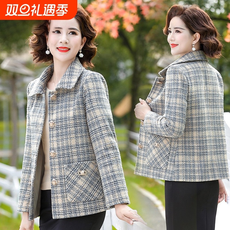 妈妈春装洋气外套中老年人女春秋高贵上衣中年女士格子小西装薄款